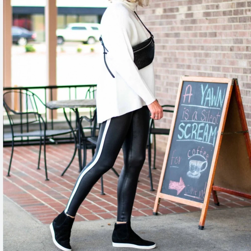 SPANX Black Faux Leather Leggings White Stripe Accent Edgy Athleisure Sporty - Picture 5 of 11